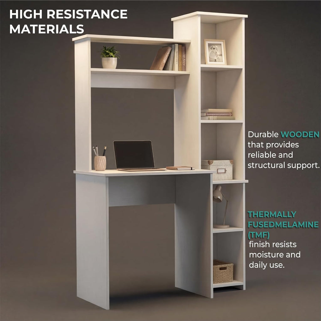 Tuhome Versalles Writing Desk with Two Superior Shelves, Five Side Open Storage Compartments, Space-Saving Modern Workstation Design for Studios and Offices, Ideal for Organization, Books