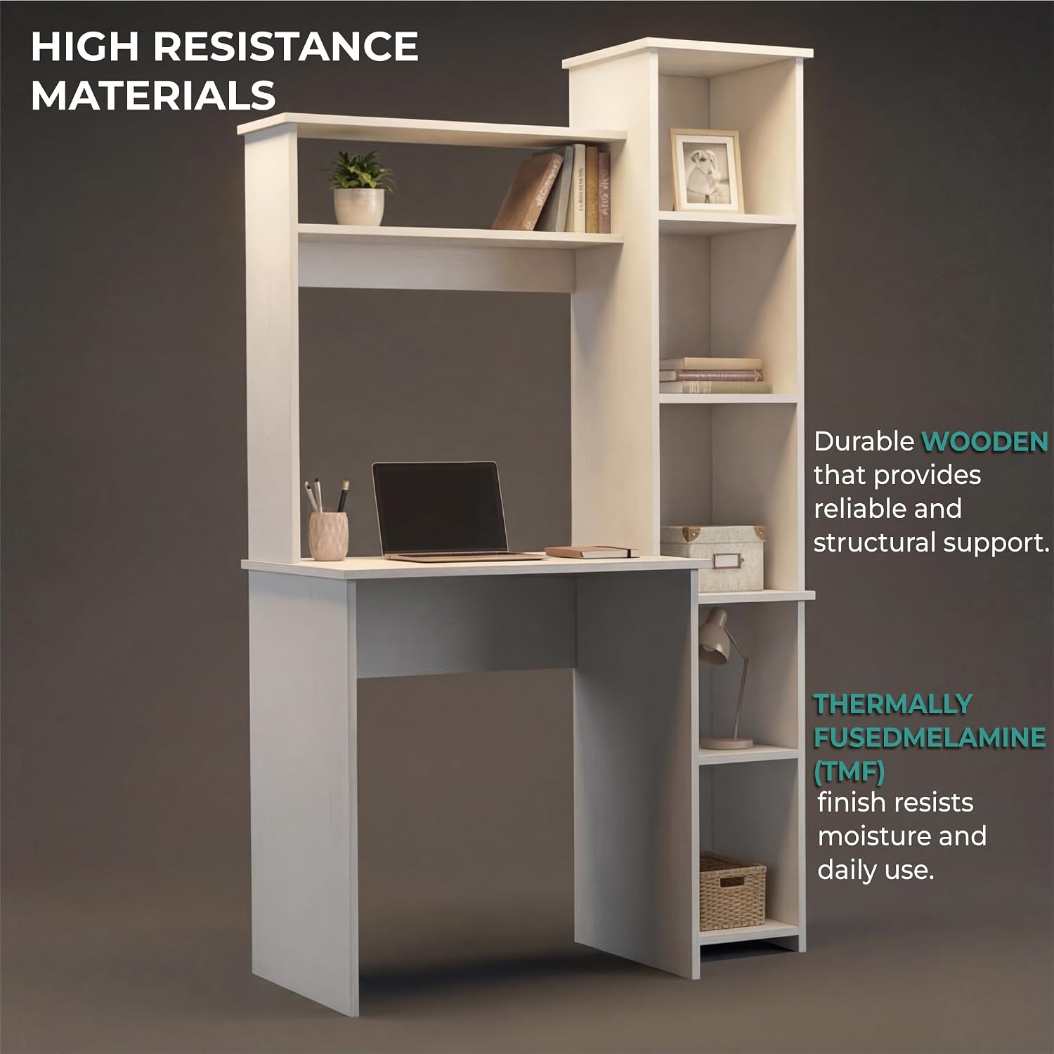 Tuhome Versalles Writing Desk with Two Superior Shelves, Five Side Open Storage Compartments, Space-Saving Modern Workstation Design for Studios and Offices, Ideal for Organization, Books