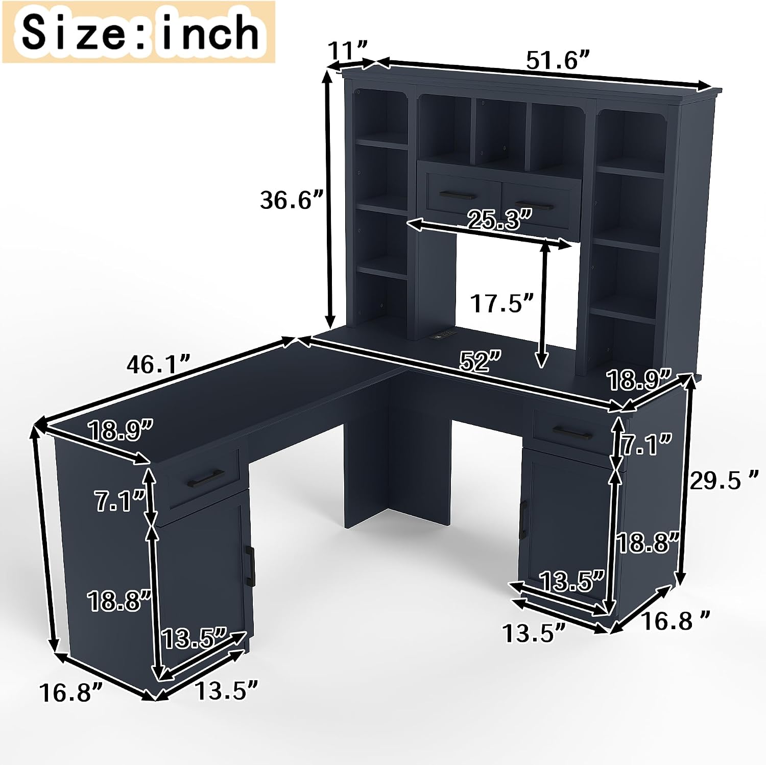 L Shaped Desk With Hutch, Corner Computer Desk With Storage Shelf & Cabinet, Laptop Pc Table Gaming Desk Workstation, Modern Executive Study Writing Desk For Home Office, Bedroom (Antique Blue)