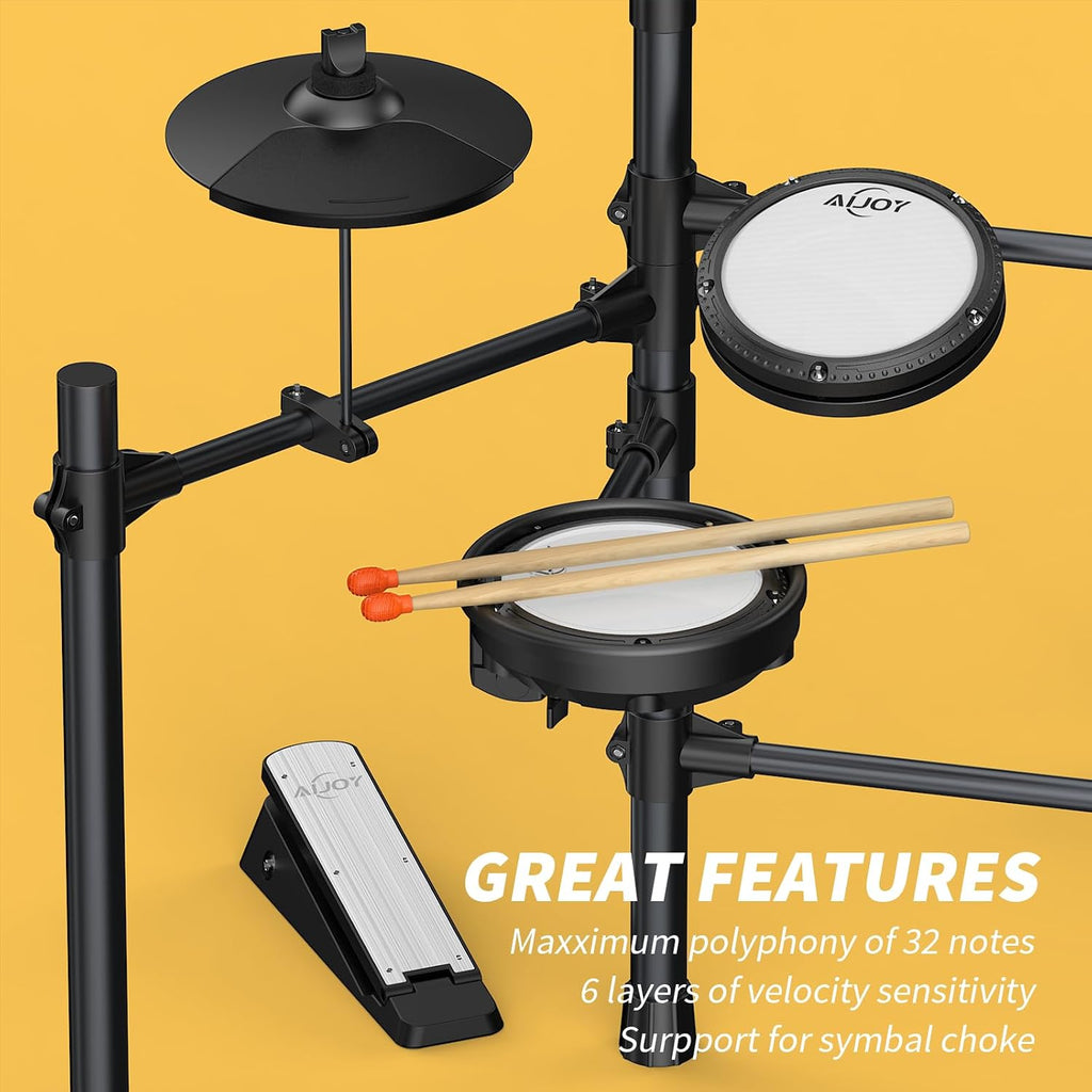 AiJoy Electronic Drum Set for Adults & Beginners, Quiet Mesh Pads with 5 Drums & 3 Cymbals, Dual-Zone Snare, USB MIDI, Sound Module, Drum Throne, Headphones, Sticks, 25 Kits & 195 Sounds