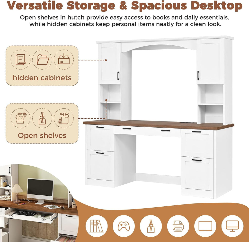 Farmhouse Arched Computer Desk with Hutch,Walnut Home Office Workstation with Charging Station & Keyboard Tray,All-in-One Writing Desk for Study, Office (White-FA)