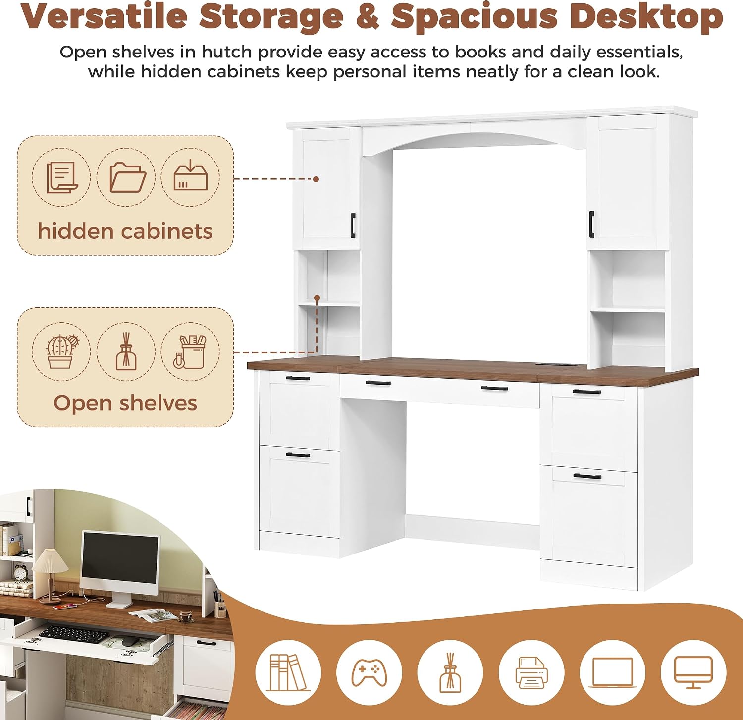 Farmhouse Arched Computer Desk with Hutch,Walnut Home Office Workstation with Charging Station & Keyboard Tray,All-in-One Writing Desk for Study, Office (White-FA)