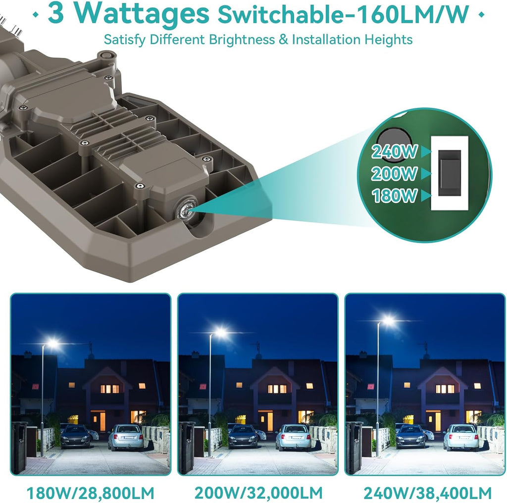 HiBay Dusk to Dawn LED Parking Lot Flood Light Outdoor, 240W 200W 180W 3CCT 38400LM Commercial Street Area Lighting 160LM/W, IP65 Photocell Security Shoebox Light,Wall or Pole Mount, 100-277V, ETL