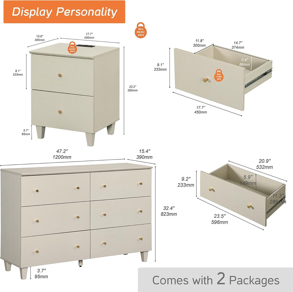 WAMPAT TV Stand with 6 Drawers for 55 Inches TVs & Set of 2 End Tables with 2 Drawers and Charging Station for Bedroom, 3 Pieces Modern Wood Living Room Funiture Table Sets, Beige