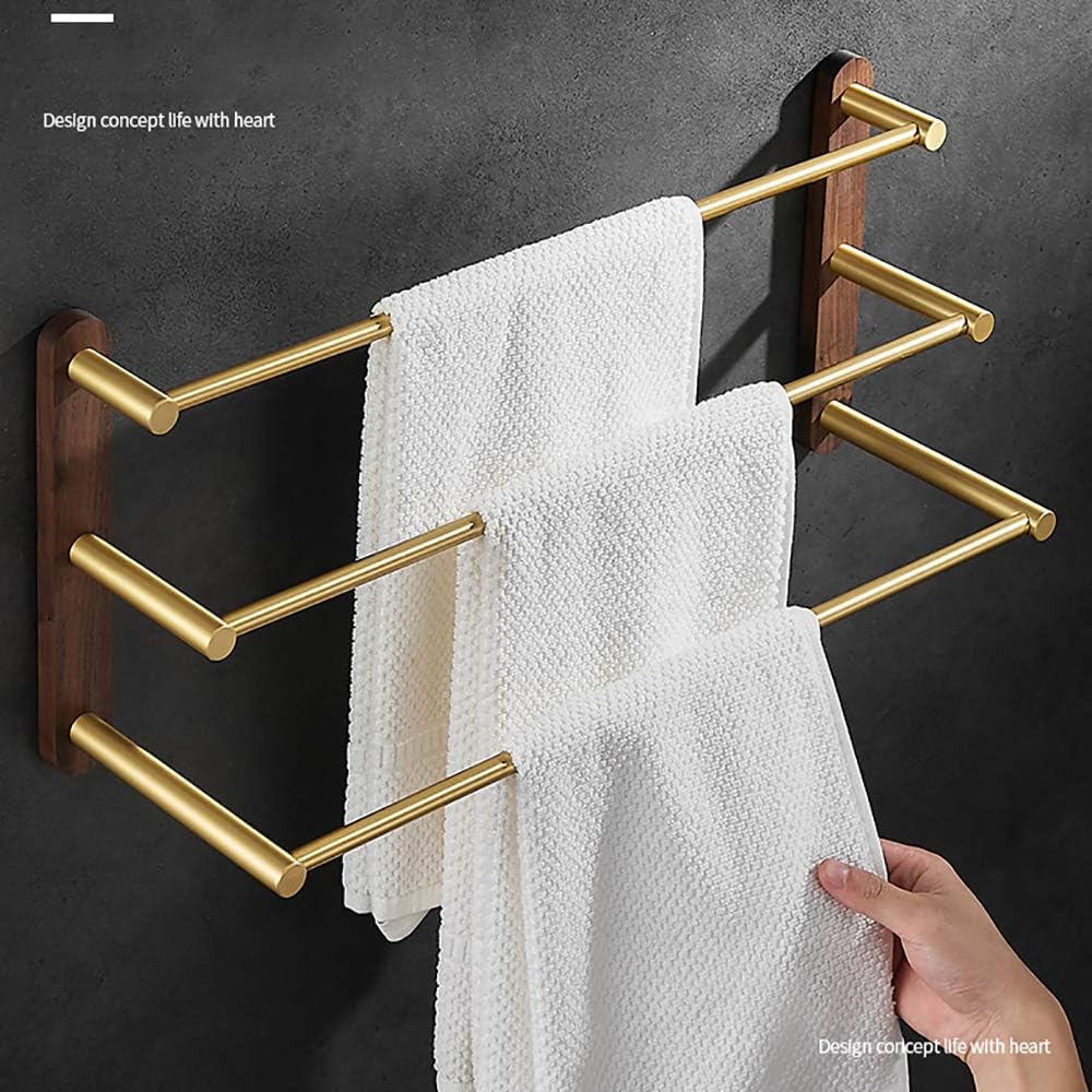 Tower Rack with 3 Bars, Towel Bar Black Walnut and Aluminum Rails Heavy Duty Holder Wall Mounted Storage for Bathroom, Kitchen, Hotel, Brushed Gold,48cm