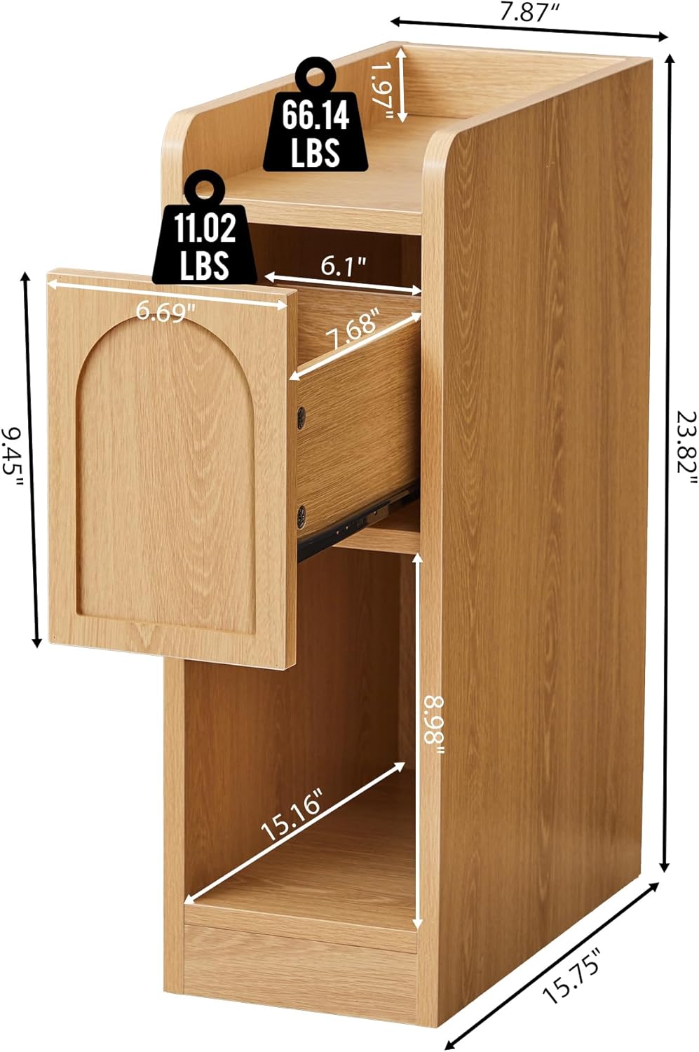 Narrow Nightstands Set of 2, Slim Bedside Tables with Raised Edge Top, Arched Drawer & Open Shelf, Modern Wooden Small End Tables for Bedroom Small Spaces (2, Natural)