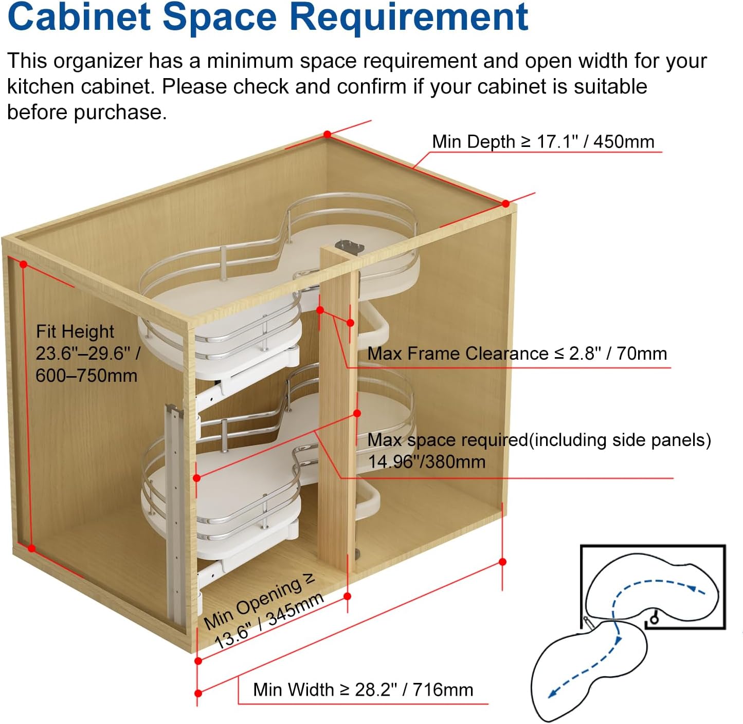 VADANIA Left Swing Pull Out Organizer for 32' Blind Corner Kitchen Cabinet, 2 Tiers Swing Tray, Soft Close, Left Handed Open