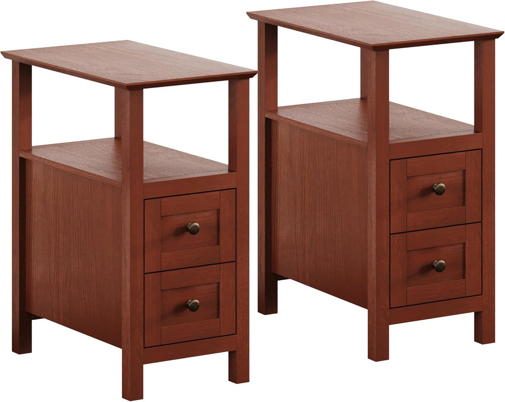 ChooChoo End Tables Living Room Set of 2, 3-Tier Narrow Nightstand with with 2 Drawers, Slim Bedside Tables for Living Room, Bedroom, Small Space, Cherry Brown