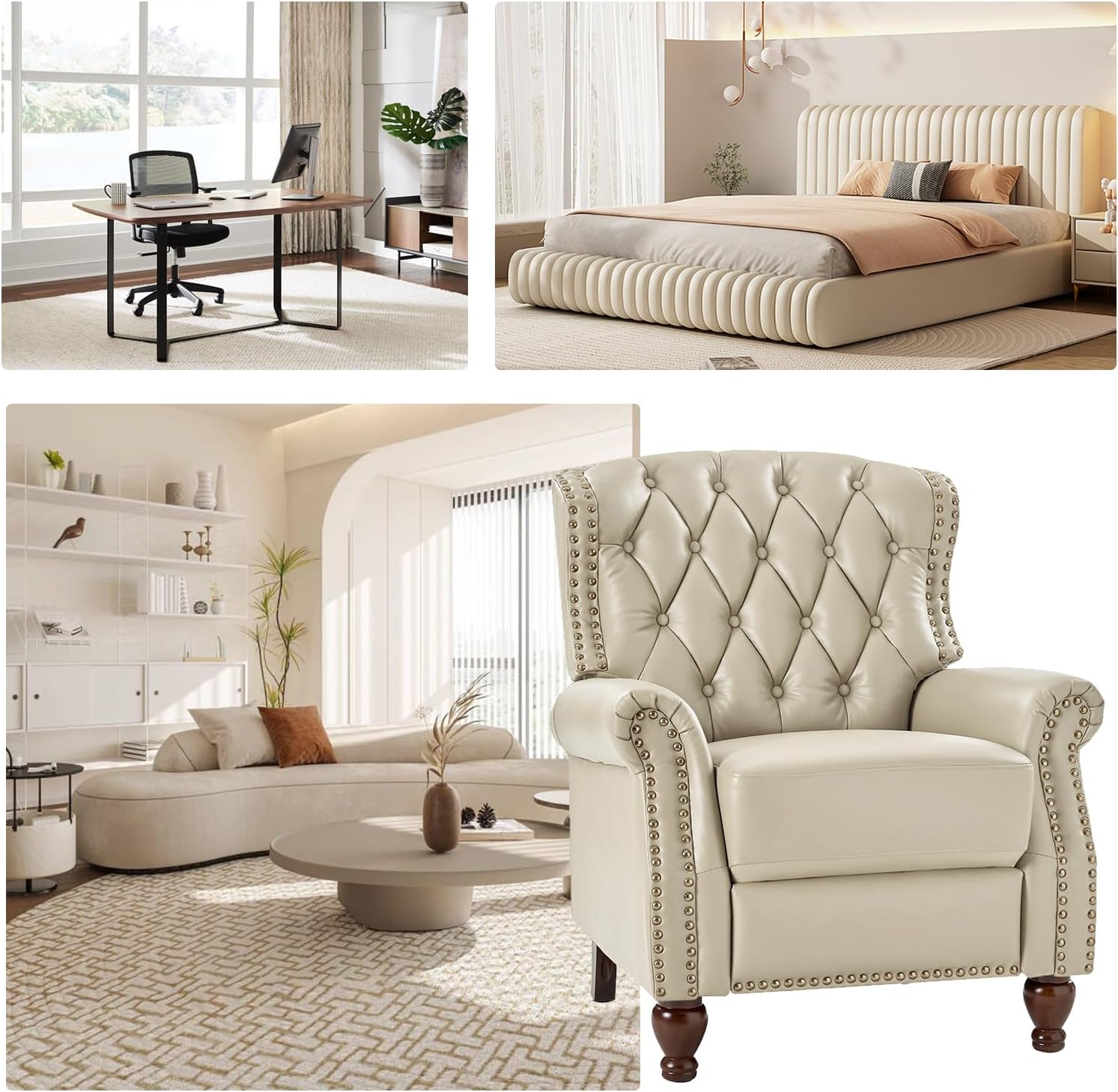HULALA HOME Genuine Leather Recliner Chair Set of 2 w/Solid Wood Feet, Modern Adjustable Tufted Push Back Arm Chair w/Rivet Decoration, Home Theater Seating Reclining Sofa for Living Room, Beige