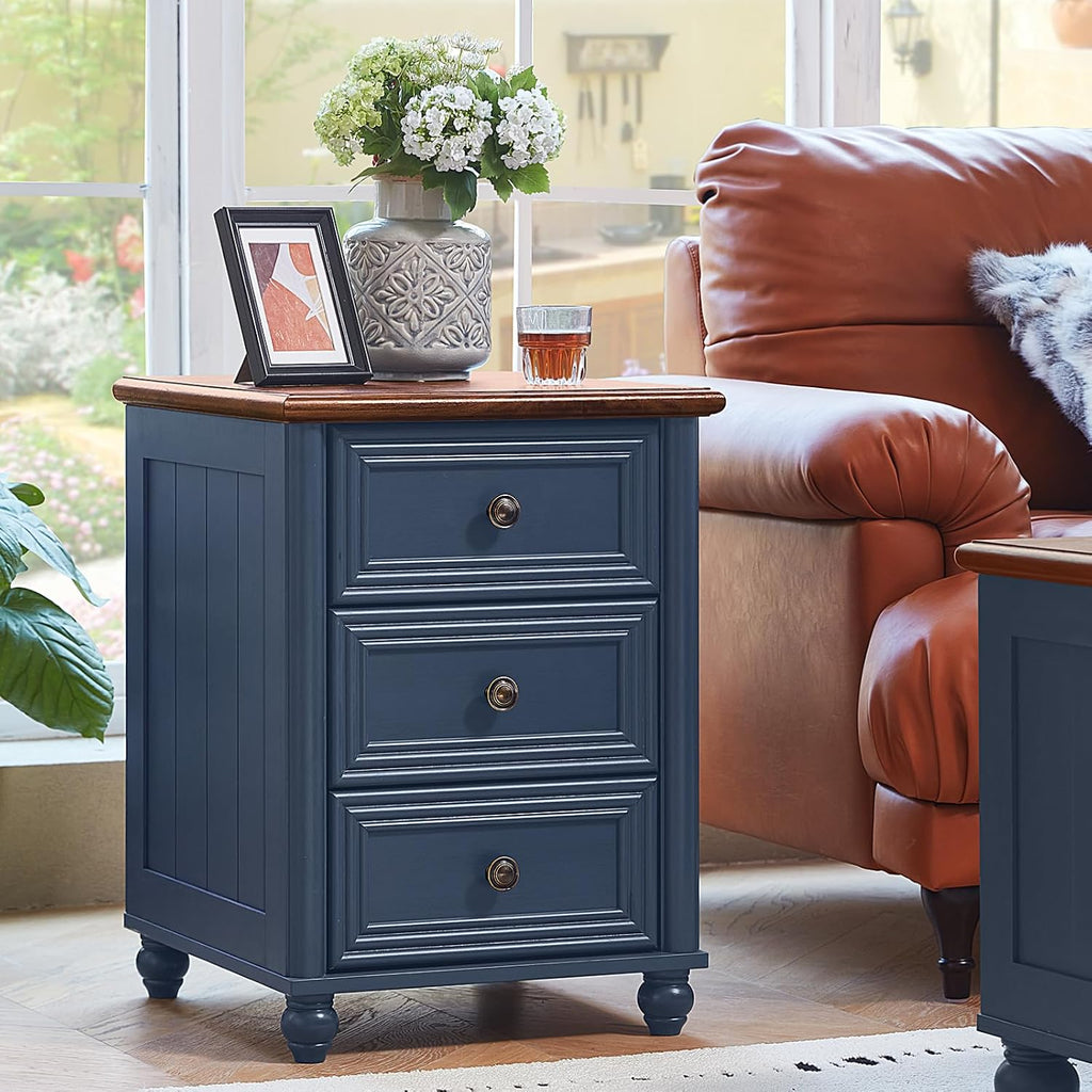 RWYHG 18' Farmhouse Night Stand Set of 2, Blue Wood Nightstand with 3 Drawers, Bedside End Table with Storage and Roman Column, Bed Side Tables Cabinet for Bedroom, Living Room, and Closet