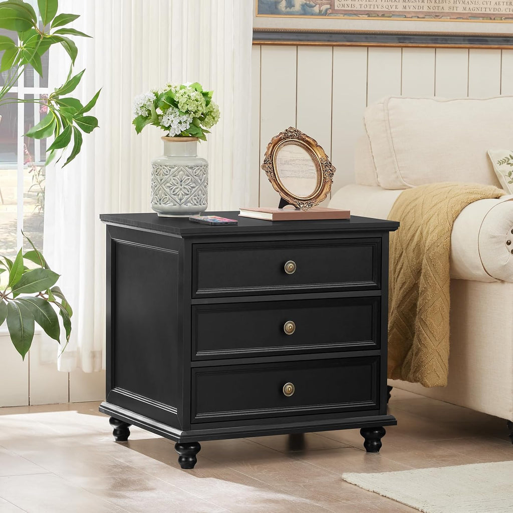 Joaxswe 24' Wide Farmhouse Night Stand Set of 2,Large End Table with 3 Drawers & Metal Handle,Black Wood Dresser for Bedroom,Bed Side Table Chest of Drawers Cabinet,Nightstand for Living Room,Closet