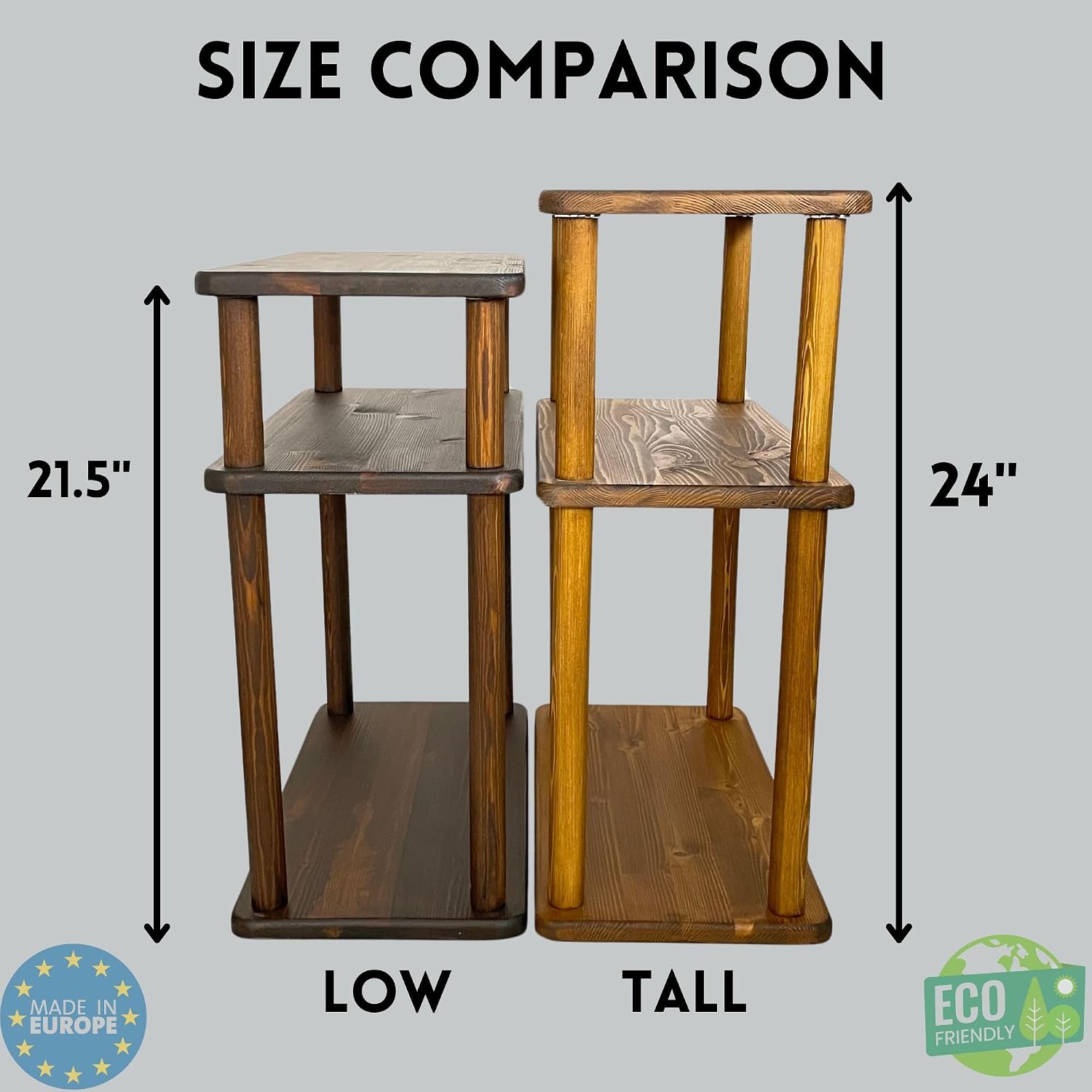 Handcrafted Solid 3-Tier Narrow Side Table, 10 Inch Pine Wood End Table for Living Room with Storage, Slim Bedside Table for Small Spaces, Nursery, Bedroom, Office (Walnut, Low)