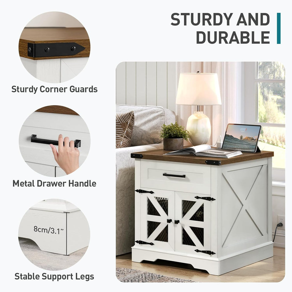 RALGEND White Farmhouse End Table with Charging Station, 24' Large Sofa Side Table with Drawer, Large End Table for Living Room, Wooden Nightstand with Outlet, Square, White and Walnut