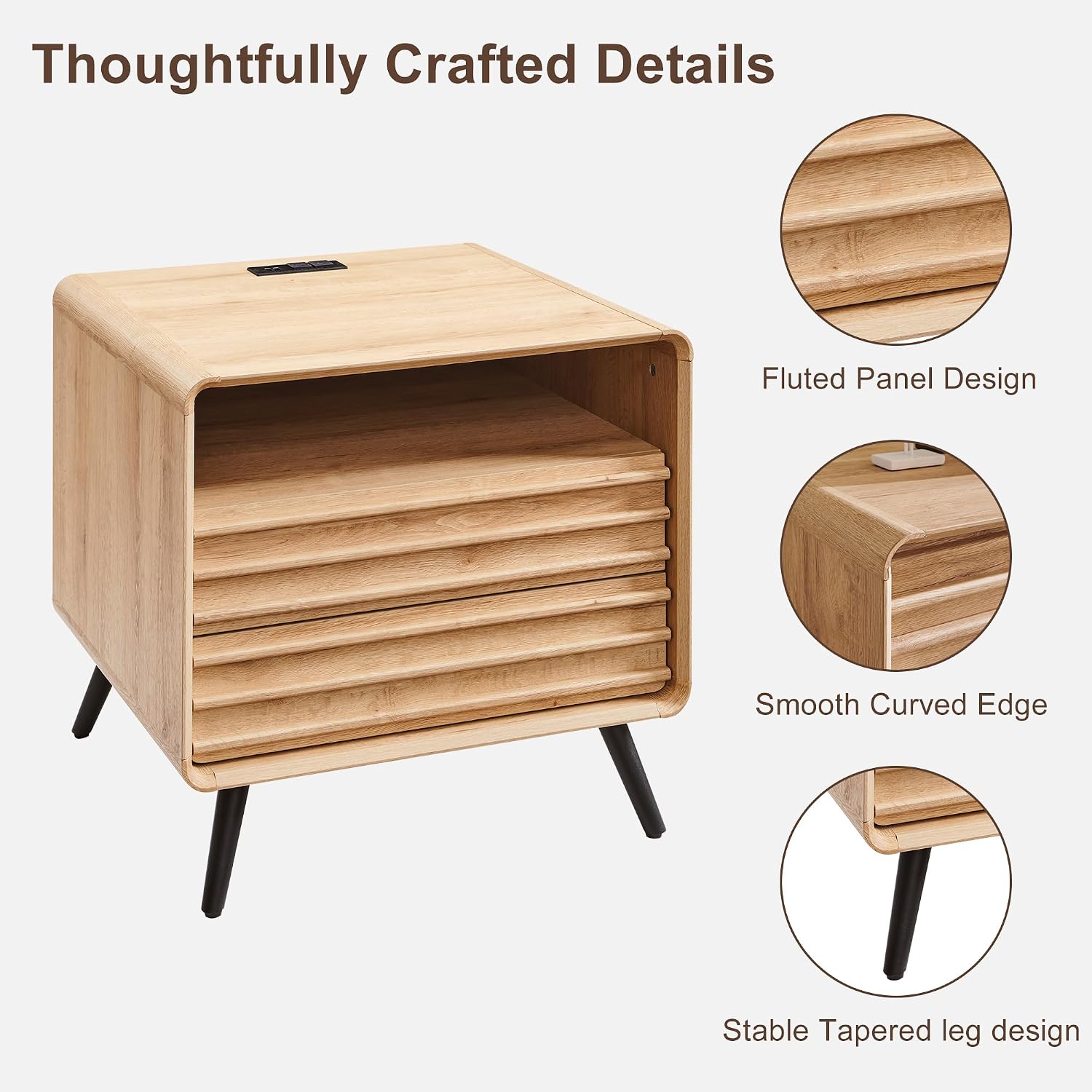RedLemon 24' Nightstand with Charger Station, Mid Century Modern Fluted End Table with 2 Drawers, Wooden Side Table with Open Cubby Storage for Living Room, Bedroom, Office (Natural Oak)