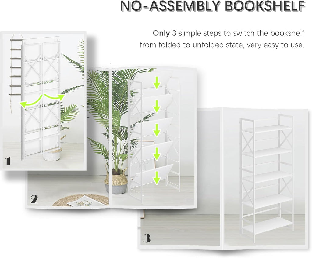 4NM 5 Tiers No Assembly Book Shelves, 51.2' H Folding Bookshelf Bookcase Open Industrial Foldable Shelves for Bedroom, Living Room, Home Office - All White