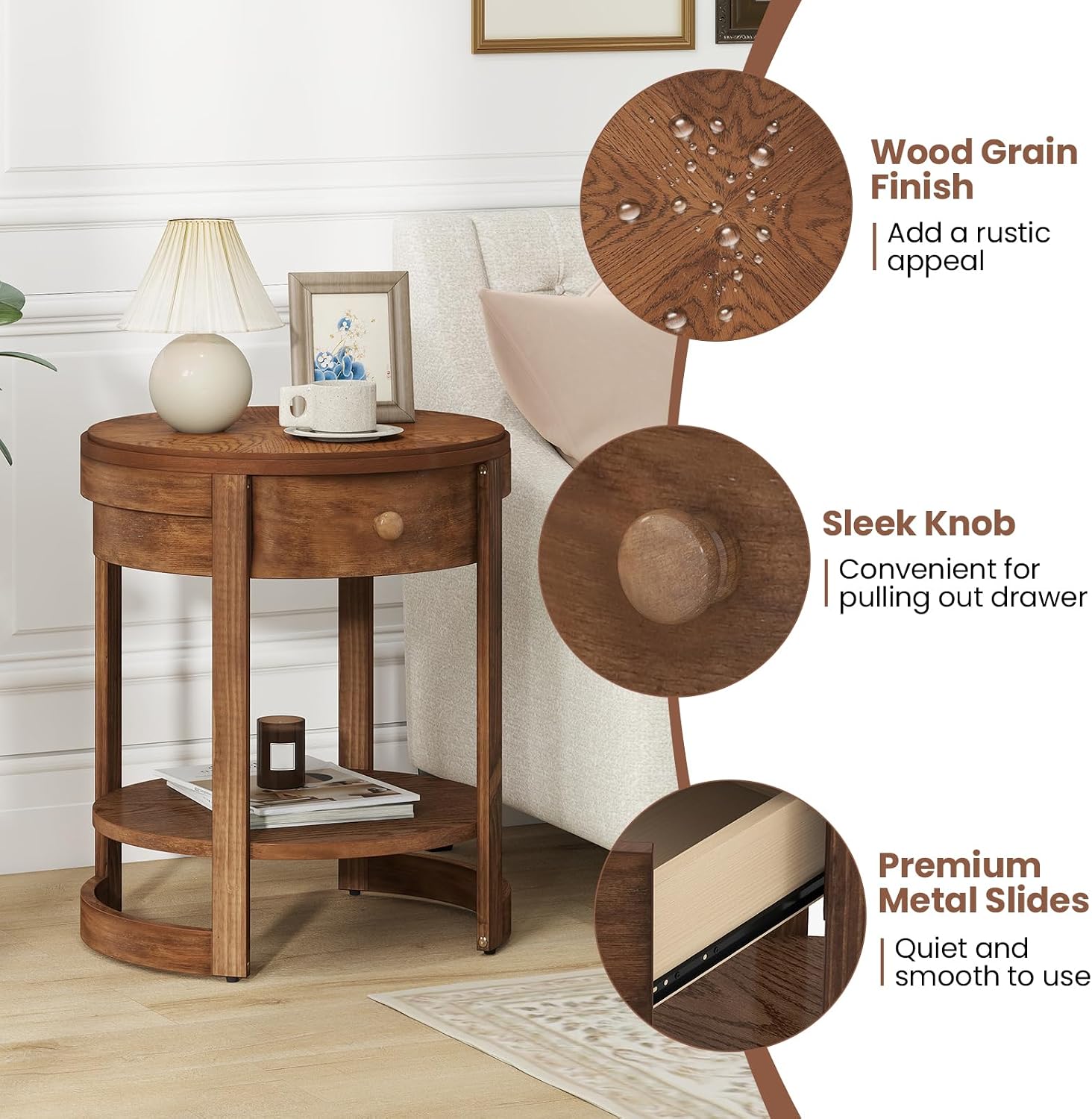 Giantex Round Side Table Set of 2, 2-Tier Wooden End Table with Drawer and Shelf, Vintage Wood Grain Finish, Retro Circle Night Stand for Living Room Bedroom, Walnut