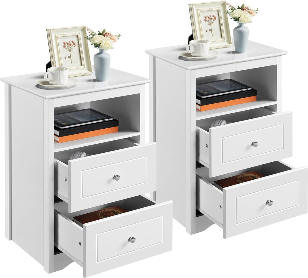 Yaheetech Bedside Table Set of 2, Tall Nightstand with 2 Drawer and Cubby, Wooden Cupboard for Bedroom Small Space, Bedside Cabinet Telephone Table, 16″ D × 19″ W × 29″ H, White