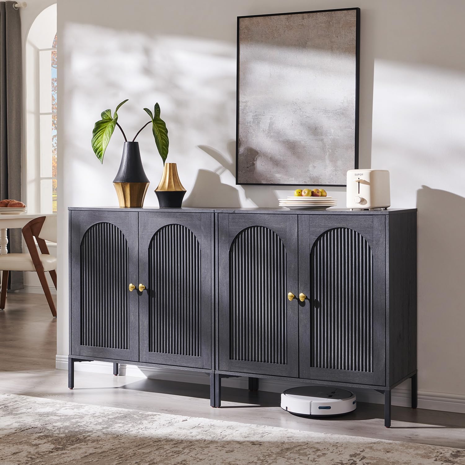IFGET Modern Buffet Cabinet with Storage, 61.75' W Fluted Arched Sideboard Cabinet w/Adjustable Shelves, Wooden Modular Coffee Bar for Dining Room, Kitchen, Living Room, Entryway, Dark Grey