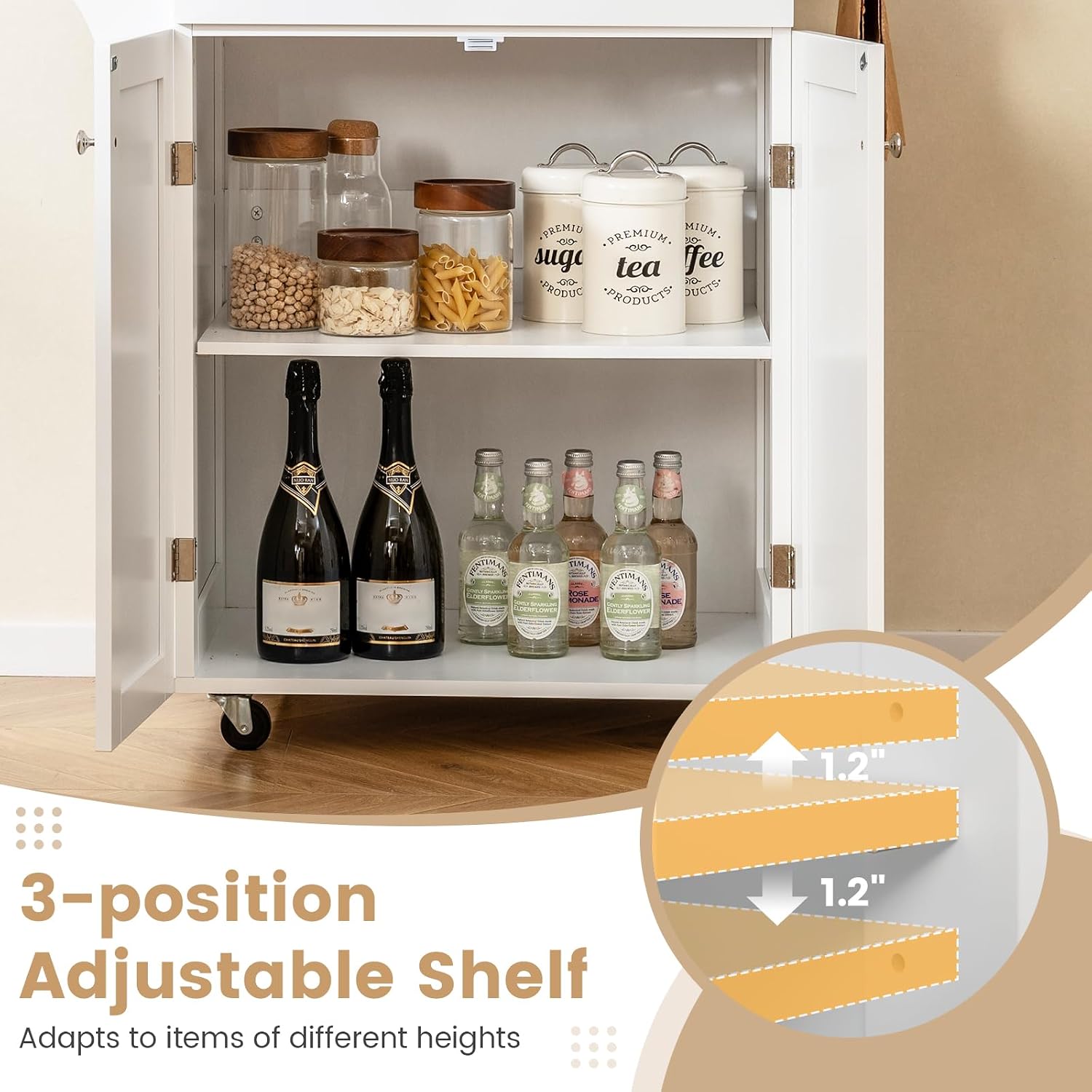 Kitchen Island, Rolling Kitchen Carts on Wheels with Storage Cabinet, Drawer, Spice Rack, Towel Bar, Modern Serving Trolley Cart Island Table for Dining Room, White, 32.5' L x 19' W x 36' H