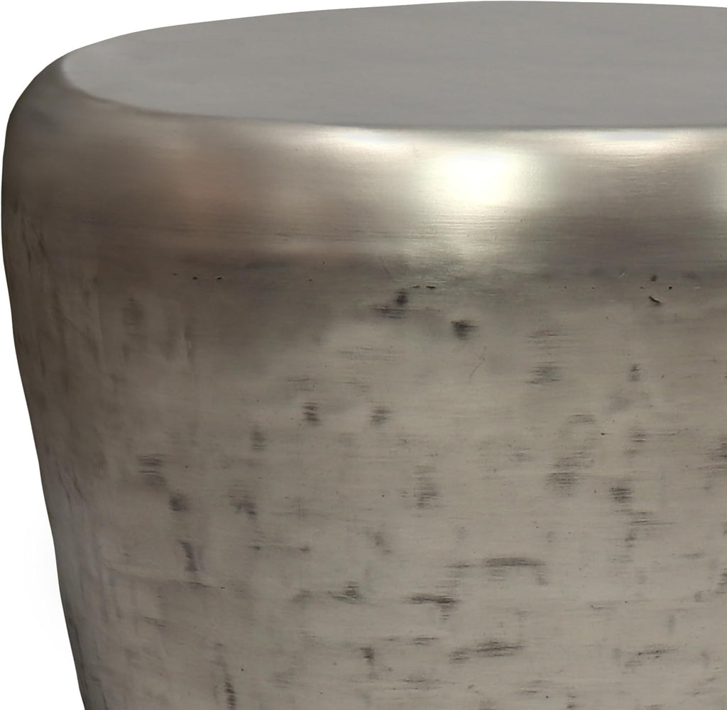 SIMPLIHOME Garvy Metal Side Table - 22 inch Wide Solid Metal Round Drum Accent Table in Antique Silver, Industrial Living Room Center Table or End Table with Textured Finish, Assembled