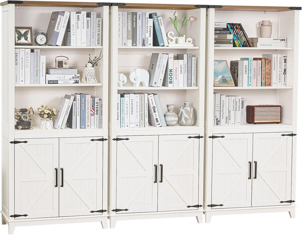 Joaxswe 70in Tall Bookshelf 5 Tier Bookcase with Barn Doors and Storage Cabinet, White Farmhouse Book Shelf with Adjustable Shelves, Wood Freestanding Display Bookshelves for Bedroom, Kitchen (3PCS)