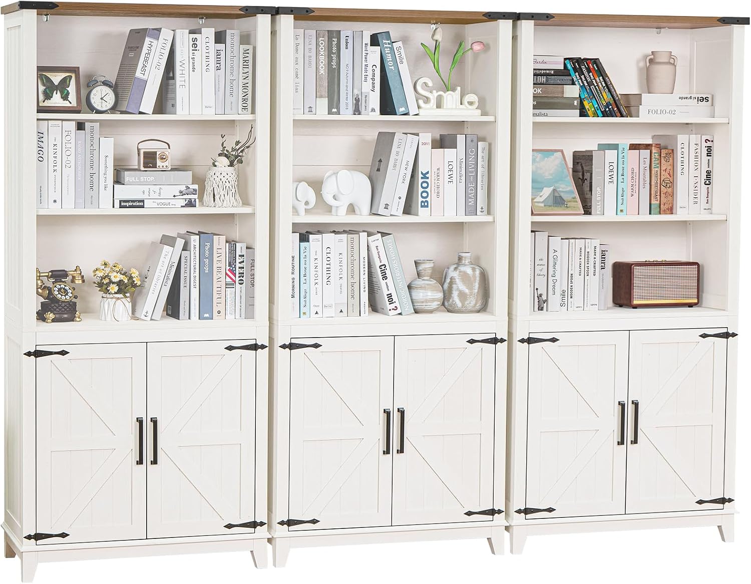 Joaxswe 70in Tall Bookshelf 5 Tier Bookcase with Barn Doors and Storage Cabinet, White Farmhouse Book Shelf with Adjustable Shelves, Wood Freestanding Display Bookshelves for Bedroom, Kitchen (3PCS)