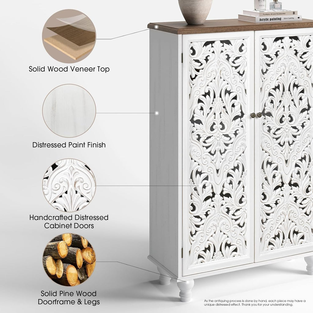 JOINICE 47' Tall Accent Cabinet with Carved Doors, Distressed White Wood Storage Cabinet with 3-Tier Shelves, Boho Farmhouse Sideboard Buffet for Small Spaces, Entryway & Living Room