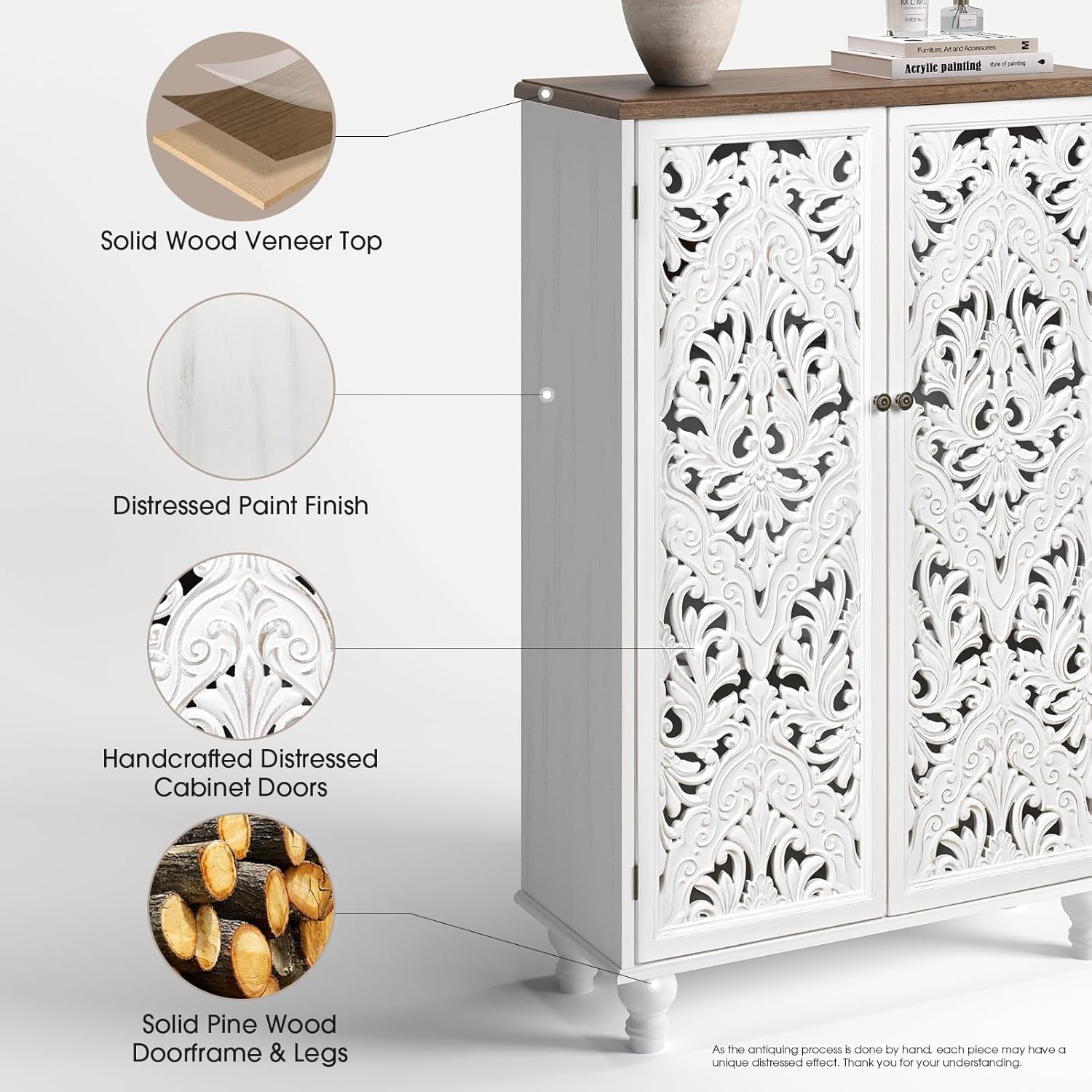 JOINICE 47' Tall Accent Cabinet with Carved Doors, Distressed White Wood Storage Cabinet with 3-Tier Shelves, Boho Farmhouse Sideboard Buffet for Small Spaces, Entryway & Living Room