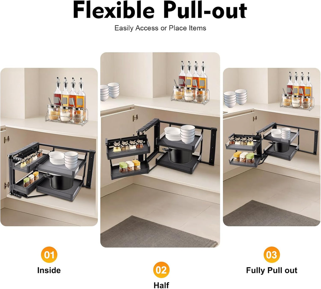 Blind Corner Cabinet 2 Tiers,Pull Out Corner Cabinet with 4 Detachable Shelves Left or Right,Soft Close Kitchen Swing Tray,Height Adjustable,Easy to Install for 14 Inch Opening