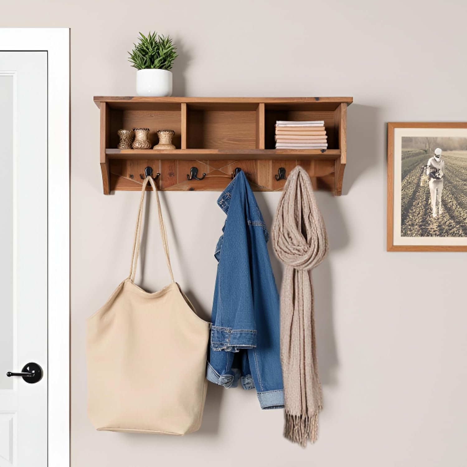 Revive Solid Wood Wall Mounted Coat Rack with 3 Cubbies and 4 Double Hooks – 36' Entryway Wall Shelf Organizer with Easy Installation for Hallway or Mudroom Storage by Alaterre Furniture (Natural)