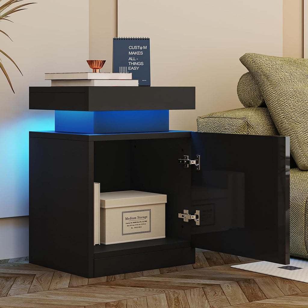 oneinmil LED Nightstands Set of 2, Night Stand with Storage Cabinet for Bedroom, Bedside Table with LED Lights, Modern End Side Table, Black