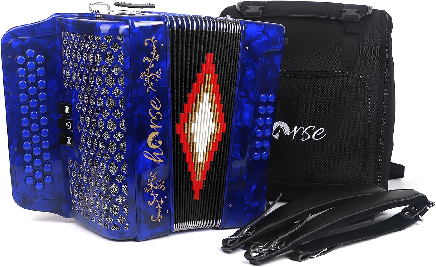 Horse 34 Key Accordion, GCF 12 Bass 3 Row, Made of Celluloid Louder & Clearer Timbre than Plastic,Accordions Instrument for Adults,W/Luxury Backpack,Straps,34 Buttons Acordeón Acordeones Para Adultos