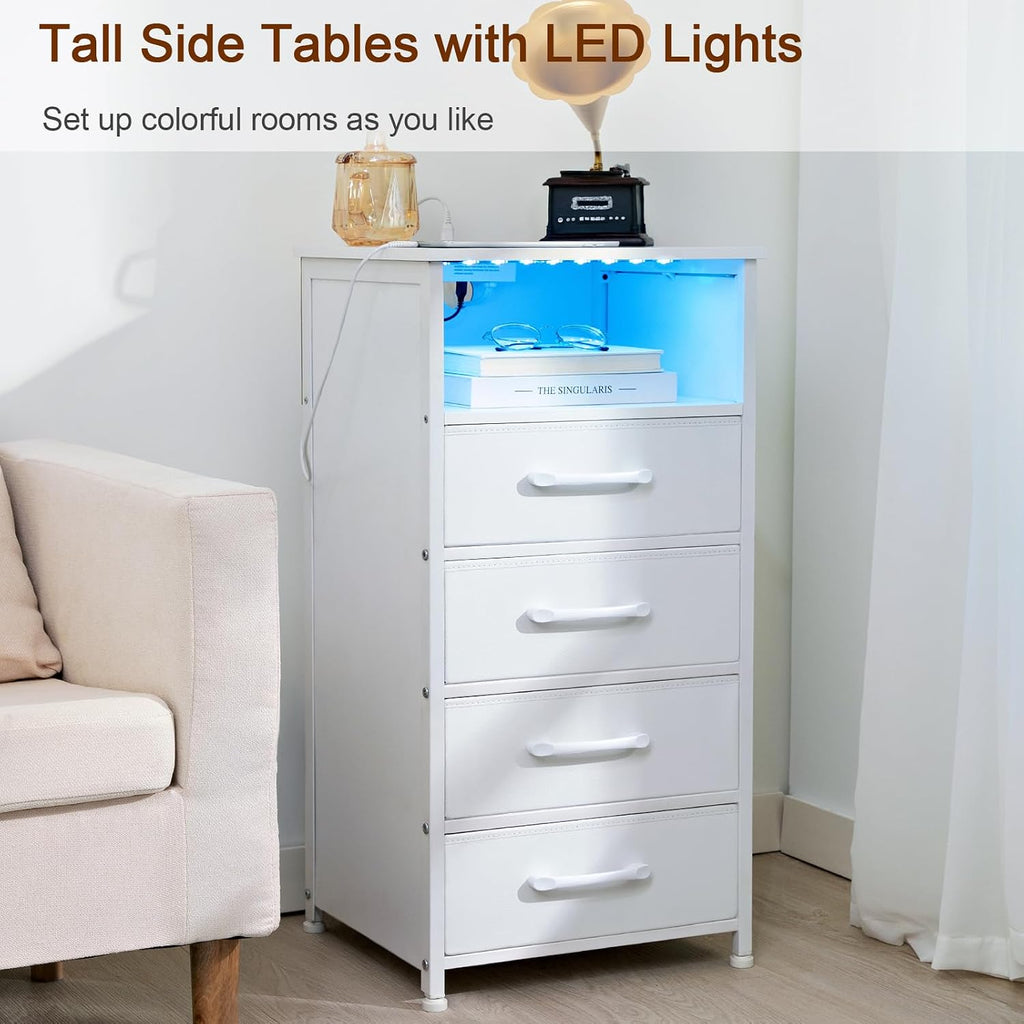 LOAKEKEL Night Stand Set 2, Tall Nightstand with Charging Station for Bedroom with 4 Drawers, LED End Table with USB Ports and Outlets, Bedside Table with Storage Shelf, White, HNS034WT