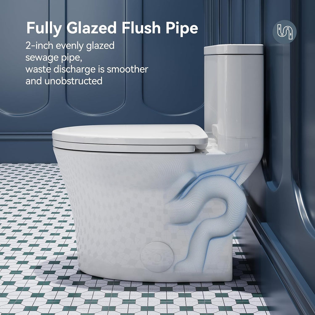 HOROW T0307W Elongated One Piece Toilet, Small Compact with Soft Close Seat, 1.1/1.6 GPF Powerful Dual Flush Toilet for Small Bathroom, 12' Rough-In Standard Toilet Bowl, White Modern Toilet