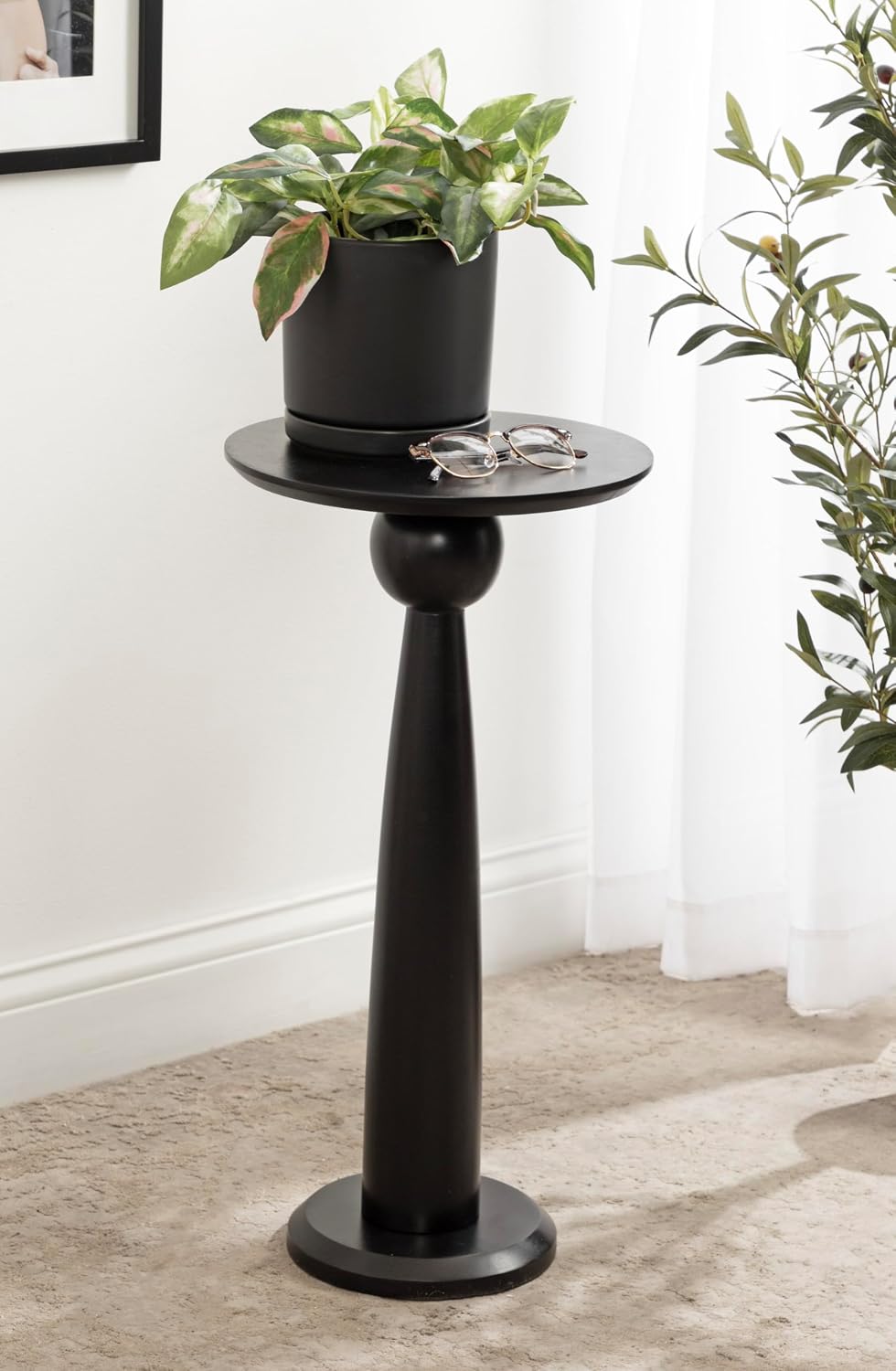 Kate and Laurel Jakob Modern Wooden Round Side Table; 12 x 24; Black; Circle Pedestal Table for Use as Bedroom Nightstand; Indoor Plant Stand; or Decorative Living Room Table