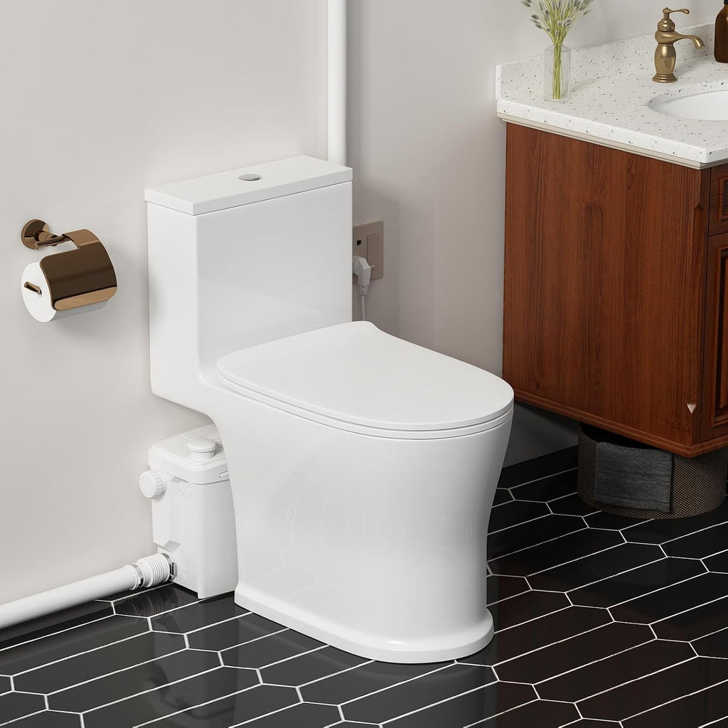36ft Upflush Macerating Toilet System, Basement Toilet with Macerator Pump, One Piece Full Skirted, Flexible Top or Side Drain Port for Household Commercial Use, 1HP, 120V, CEC Approved
