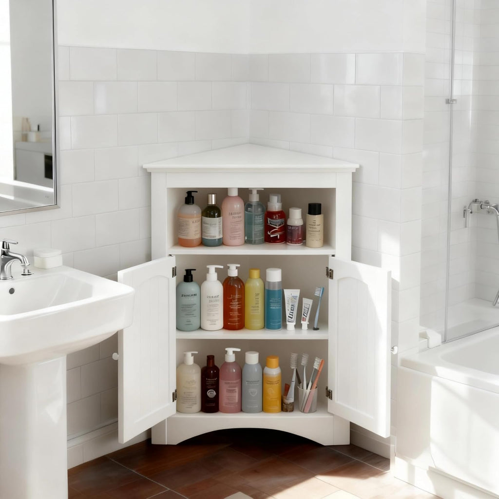 Corner Storage Cabinet Classic White, Modern Freestanding Floor Cabinet with 2 Doors, Open Top Shelf & Adjustable Interior Shelf for Bathroom, Living Room & Kitchen
