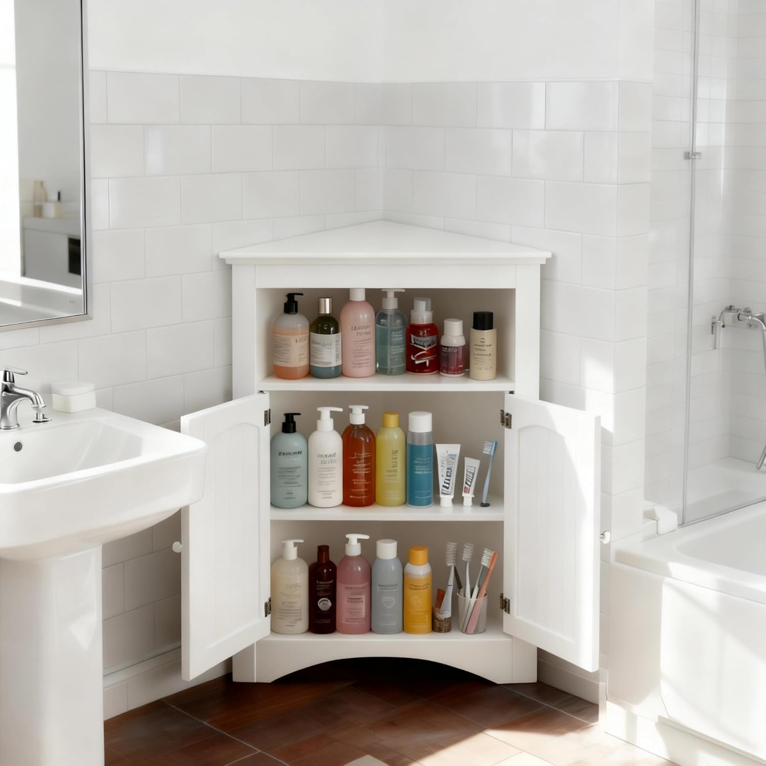 Corner Storage Cabinet Classic White, Modern Freestanding Floor Cabinet with 2 Doors, Open Top Shelf & Adjustable Interior Shelf for Bathroom, Living Room & Kitchen