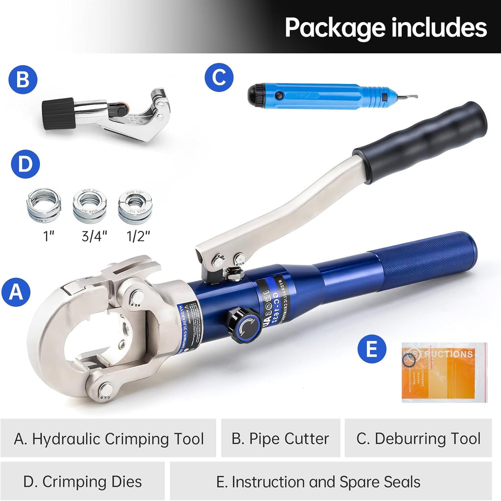 Copper Tube Fittings Hydraulic Pipe Crimping Tool with 1/2',3/4' and 1' Jaw Copper Pipe Press Crimper Pressing Pliers, with Pipe Cutter