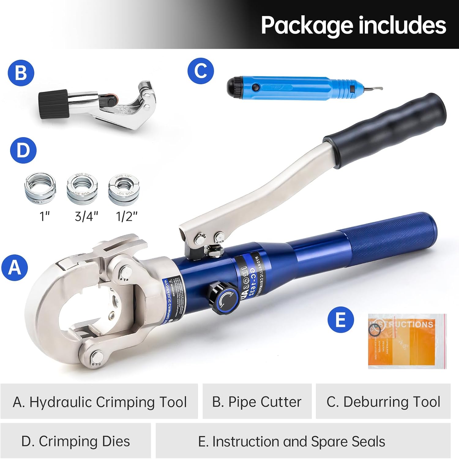 Copper Tube Fittings Hydraulic Pipe Crimping Tool with 1/2',3/4' and 1' Jaw Copper Pipe Press Crimper Pressing Pliers, with Pipe Cutter
