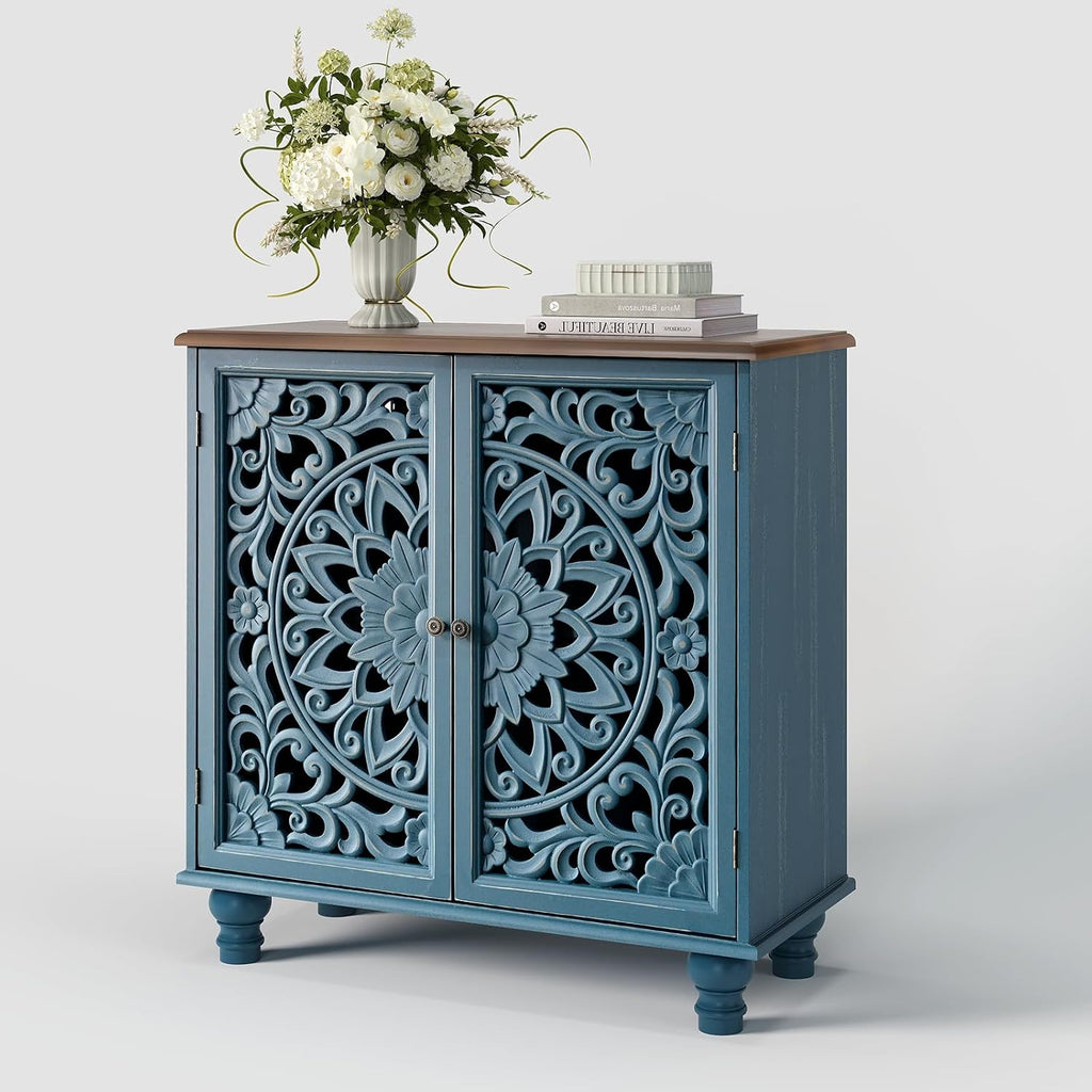 JOINICE Blue Accent Cabinet with Carved Doors, 31' Storage Cabinet for Entryway & Living Room, Vintage Sideboard Buffet Table with Adjustable Shelf, Solid Wood Legs, Boho Home Decor