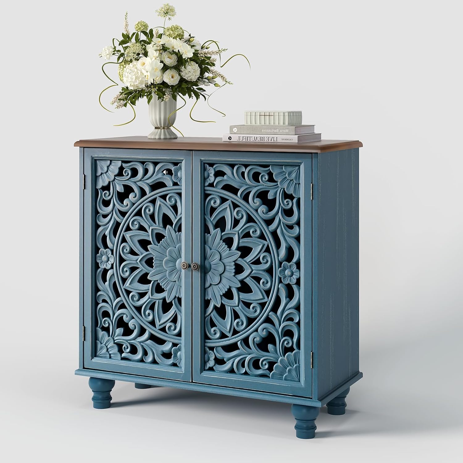 JOINICE Blue Accent Cabinet with Carved Doors, 31' Storage Cabinet for Entryway & Living Room, Vintage Sideboard Buffet Table with Adjustable Shelf, Solid Wood Legs, Boho Home Decor