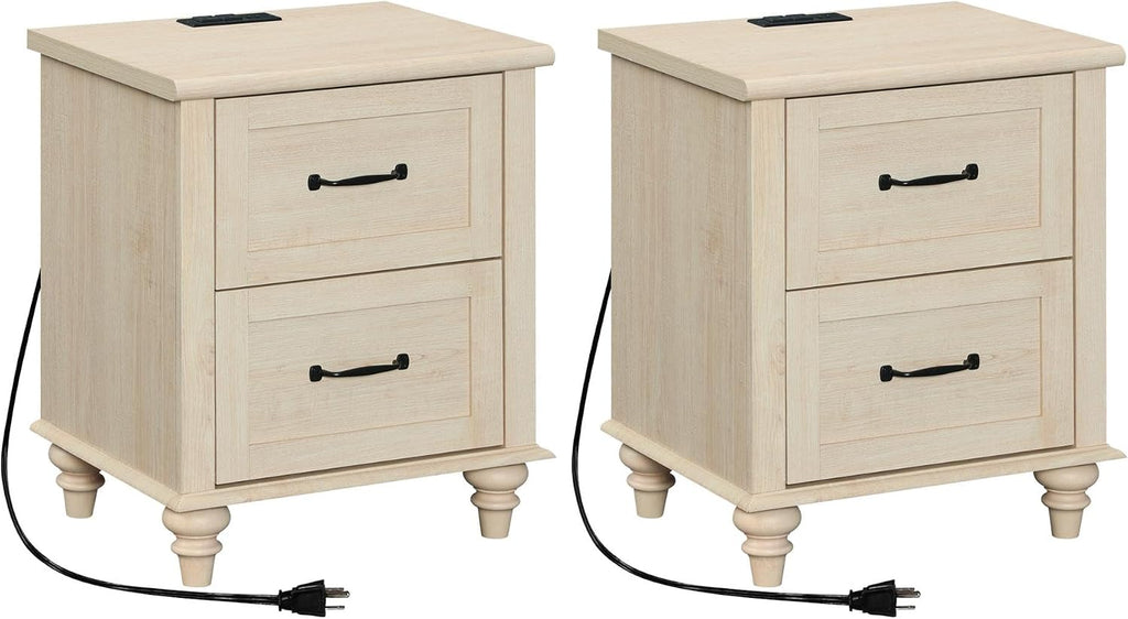 WAMPAT Set of 2 Nightstands Side Table with Charging Station, Beige End Tables with 2 Drawers for Living Room, Elegant Night Stand Bedside Table for Bedroom, Dorm