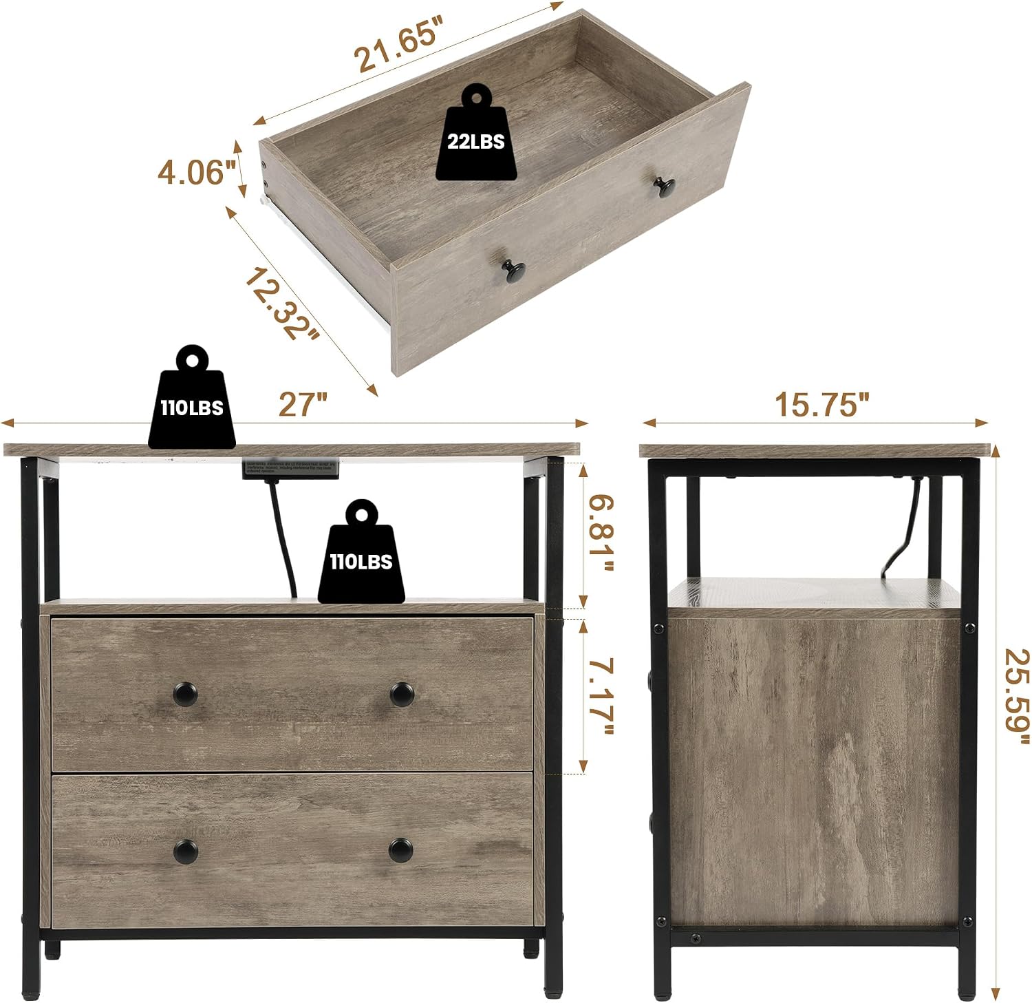 Edbuosy 27 inch Wide Night Stand Set 2 with Charging Station, Bedside Table with Open Shelf, 2 Drawers Small Wood Dresser, Modern Wood Nightstand for Bedroom/Living Room (Rustic Gray)