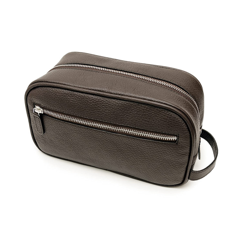 Maruse Italian Leather Toiletry Travel Bag with 2 Zippered Closures for Men and Women, Handmade in Italy, Brown