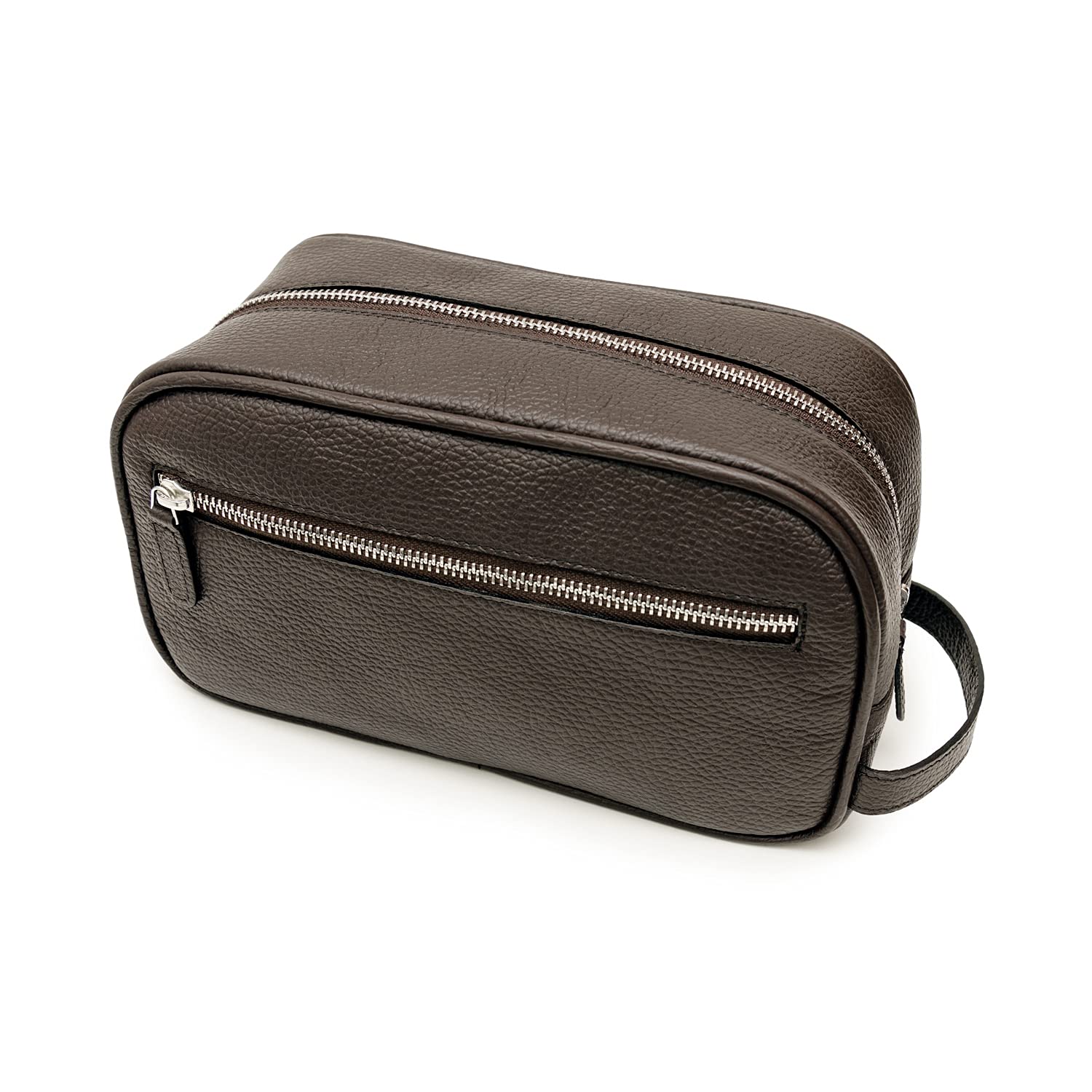 Maruse Italian Leather Toiletry Travel Bag with 2 Zippered Closures for Men and Women, Handmade in Italy, Brown