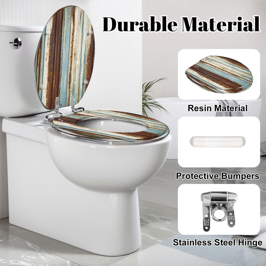 Elongated Toilet Seat Old wall texture rusty galvanized metal panel sheeting Resin Toilet Seat Slow Quiet Close Lid with Quick-Release Hinges Cover Bumpers Easy to Clean Install