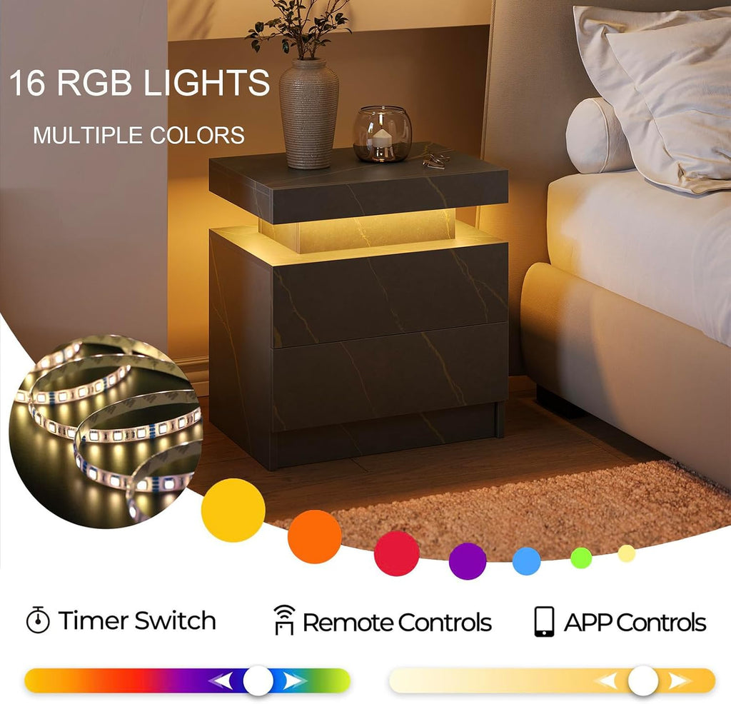 Cubehom Nightstands Set of 2, Bedside Tables with LED Lights, Night Stands with 2 Wood Drawers, End Tables Set of 2 for Living Room/Bedroom