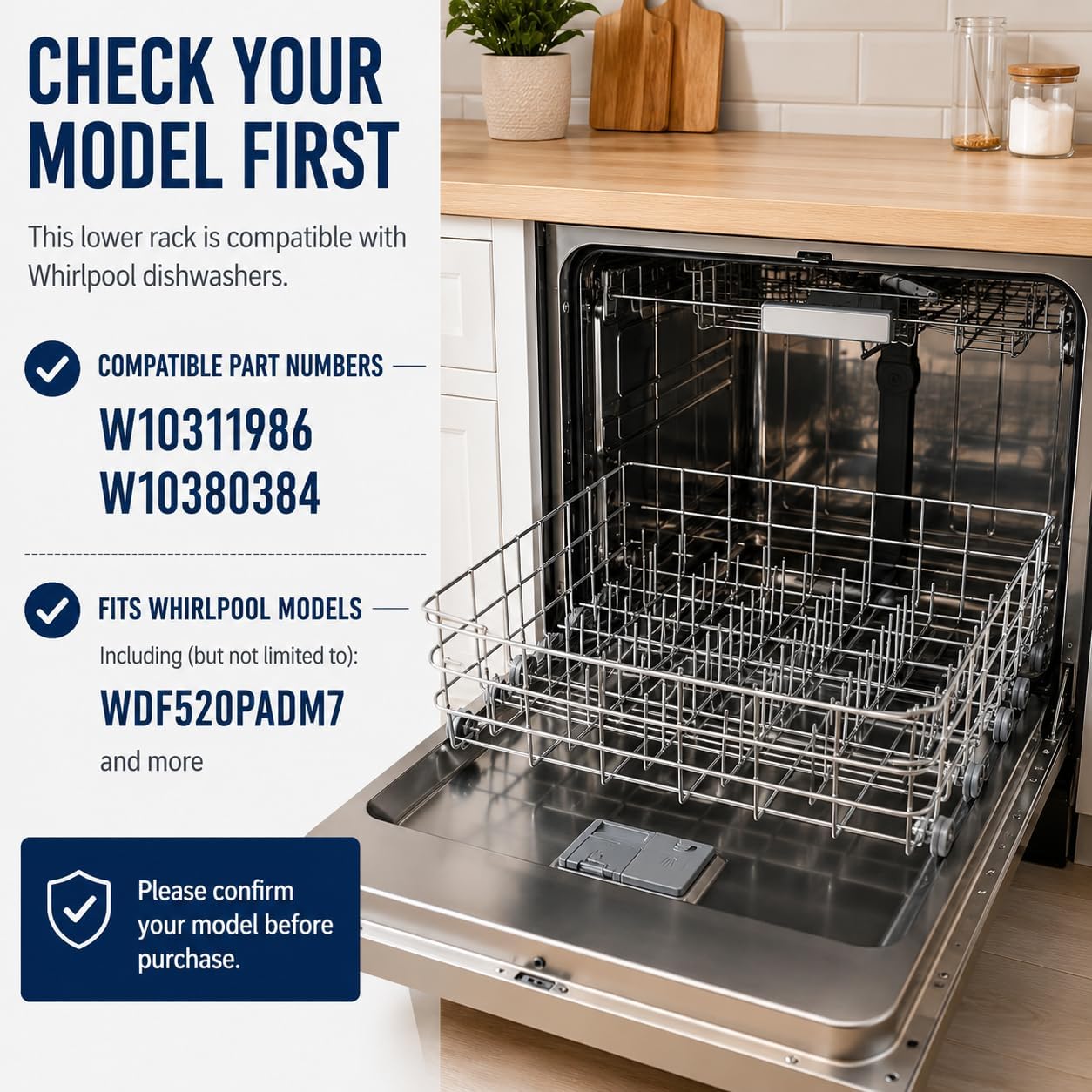 W10311986 for Whirlpool ERP Lower Dishwasher Rack ，Dishwasher Model WDF520PADM7，Measure carefully before buying，Current Basket is about 20.47' Wide, about 20.08' Deep, and about 6' High.