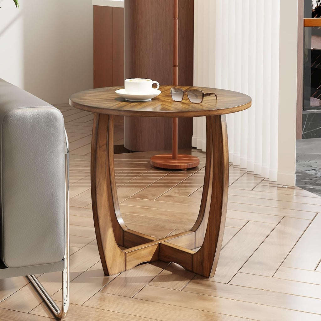 Solid Wood Round End Table with Splicing Top, Farmhouse Sofa Side Table, Beside Corner Table, Large Telephone Table for Living Room, Bedroom, 23.6' Dia x 21.7'H , Easy Assembly, Rustic Brown CJZ3223